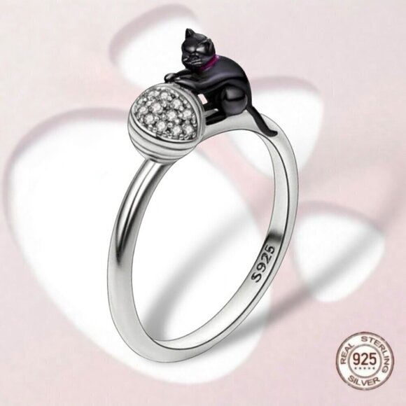 NWT Black Cat With Yarn Ring S925 Sterling Silver Stamped Sz.6 - Picture 2 of 10
